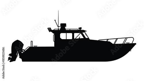 Silhouette of a motorboat with a cabin and outboard engine shown in profile