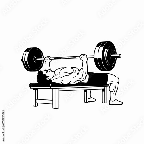 Man performing barbell bench press on weight bench