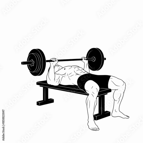 Strong man lifting heavy barbell during bench press workout