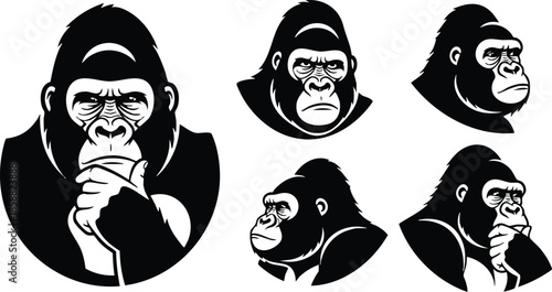 Silhouette vector set of gorilla heads in thoughtful pose showing front three quarter and profile views bold black icons on white background flat design minimalist contrast