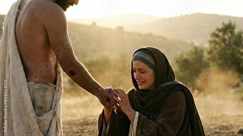 Risen Jesus Christ appearing to weeping Mary Magdalene kneeling in garden at sunrise showing hand wounds representing resurrection miracle and easter redemption scene in holy bible story