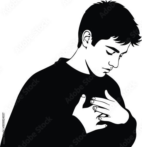 Minimalist silhouette close up young man holding hands to chest looking down with closed eyes emotional introspective pose isolated on white background dramatic lighting soft contrast