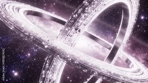 A stunning ringed planet floating majestically in a starry purple space environment viewed from a close-up perspective