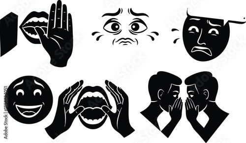 Flat design icon set close up six expressive silhouette faces with hands covering mouth whisper shouting laughing crying for communication and warning signage bold monochrome vector