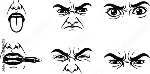 Line art close up six expressive face icons showing tongue out biting pen and angry squinting eyes arranged in grid on white background bold ink style