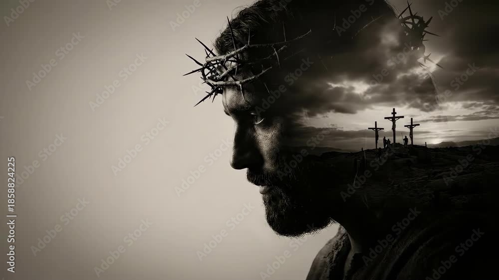 Artistic double exposure portrait of Jesus Christ with crown of thorns ...