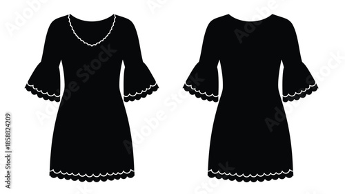 Black dresses with bell sleeves and decorative trim a stylish fashion illustration