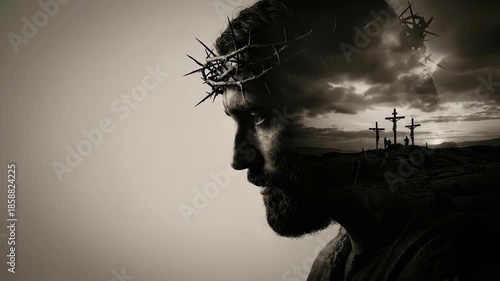 Artistic double exposure portrait of Jesus Christ with crown of thorns merging with silhouette of three crosses on calvary hill representing crucifixion and easter redemption