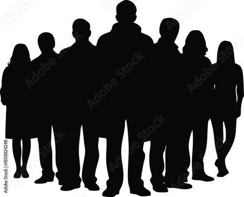 Silhouette flat design front view diverse group of people walking toward camera on white background backlit high contrast minimal vector illustration center leader figure larger shadow