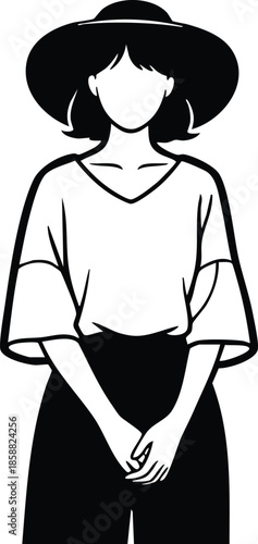 Line art full body woman wearing wide brim hat standing with hands clasped facing forward simple black and white vector minimal silhouette studio pose neutral calm