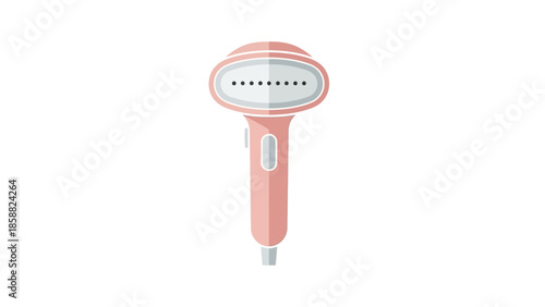 Pink handheld garment steamer for removing wrinkles from clothing.
