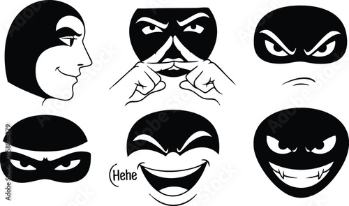 Line art set of six mischievous black and white emotive faces showing grins smirks and winks arranged in grid close up bold playful vector icon set