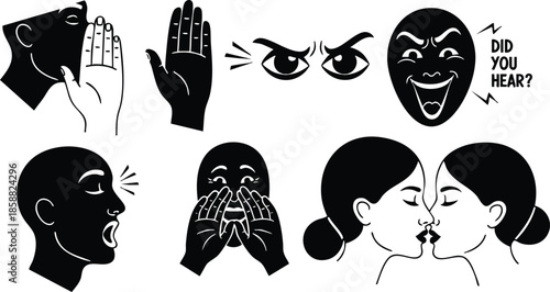 Flat design close up side profile faces whispering cupped hands over ear shouting narrowed eyes comedy mask laughing women kissing sharing secret bold black vector art