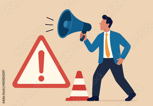 Communicate urgent message, warning or danger alert, broadcast announcement, attention or loudspeaker screaming advertising concept, businessman shouting loud voice message on big safety pylon.
