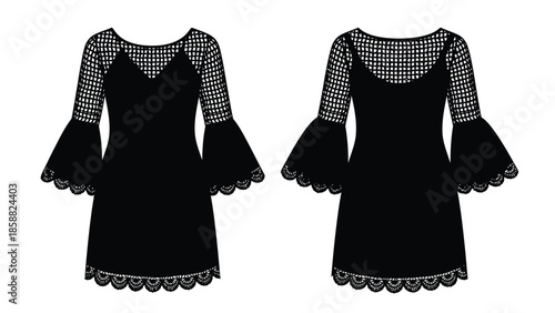 Two black dresses with lace details and flared sleeves displayed on a white background