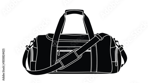 Black and white illustration of a duffel bag with a shoulder strap