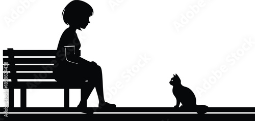 Silhouette vector side view of child sitting on park bench looking at cat on pavement high contrast minimal flat design landscape composition isolated black white graphic