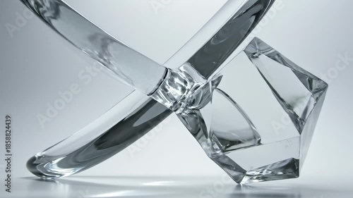 A close-up view of intersecting crystal glass objects on a white surface.