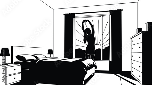 Minimalist silhouette vector bedroom interior backlit woman standing in window stretching arms morning rays through curtains low angle view with bed lamp and dresser quiet serene