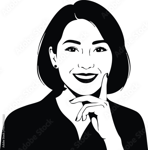 Line art close up portrait smiling woman with hand on chin looking at camera in high contrast black and white vector illustration with soft friendly expression