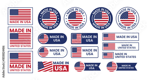Made in USA United States of America Flag Icon Set in Line and Flat Style with Badges, Banners, Circles, Stickers, Logos and Stamps, Isolated Vector Labels for American Products, Business and Commerce