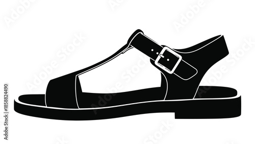 Simple black sandal illustration with a classic buckle design side view