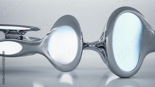 A close-up view of futuristic goggles with reflective lenses on a sleek surface