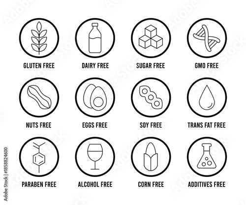 Set allergen free icons. Allergen free label products. 
Free dairy, gmo, Paraben, alcohol,additives, gluten, sugar, corn, egg, trans fat, dairy, soy, nuts,  symbol, logo, badge