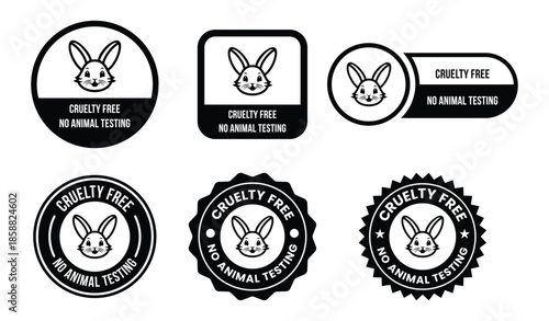 Cruelty Free No Animal Testing Icon Set for Ethical Beauty and Cosmetics, Vegan Friendly Labels and Badges in Black Line Flat Vector Style Isolated on White Background