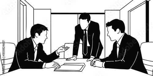 Line art vector side view three business men meeting standing man leaning on conference table two seated men reviewing documents in minimalist office setting professional lighting