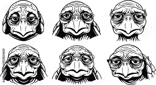 Line art close up six elderly turtle faces wearing round glasses showing varied expressions three by two grid black ink engraving vector art isolated white background