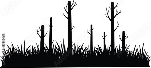 Silhouette flat design close up low angle lonely dead tree stumps rising from tall grass horizontal composition high contrast black and white minimal dramatic mood vector