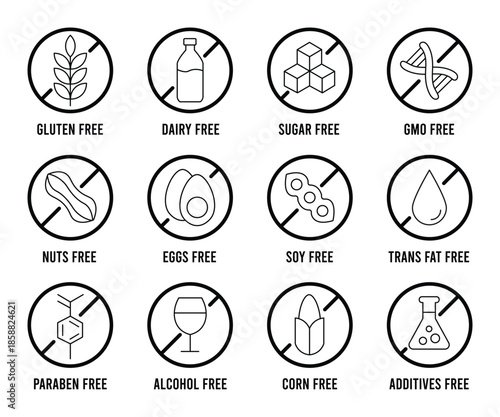 Set allergen free icons. Allergen free label products. 
Free dairy, gmo, Paraben, alcohol,additives, gluten, sugar, corn, egg, trans fat, dairy, soy, nuts,  symbol, logo, badge