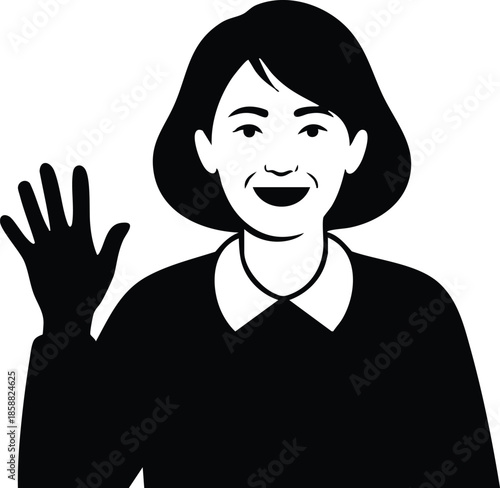 Flat design silhouette close up front view friendly woman waving hand black sweater with collar vector icon isolated on white background simple minimalist mood warm greeting