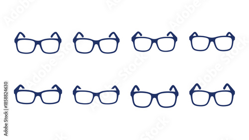 A collection of blue eyeglasses in varying styles and shades displayed neatly