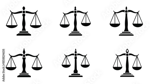 A collection of black and white scale of justice icons in various styles
