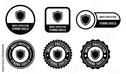 Impact Protection Strong Shield Icon Set for Security, Safety and Defense Concept, Black Line Flat Vector Shield Symbols Isolated on White Background