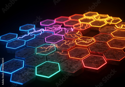Vibrant neon hexagons in various colors on a dark background forming a honeycomb pattern with glowing outlines