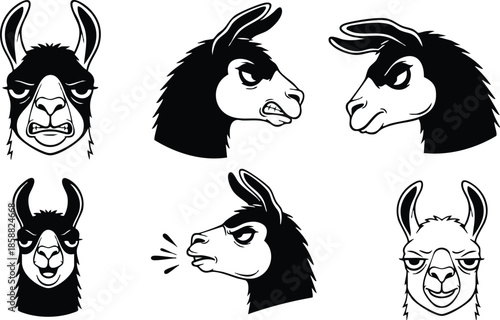 Line art set of six expressive llama heads in profile and front views with bold black outlines minimal vector icons for logos stickers apparel playful modern