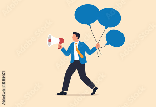 Communication or PR, Public Relations manager to communicate company information and media, announce sales or promotion concept, businessman holding speech bubble balloons while talking on megaphone