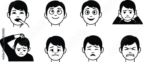 Line art eight expressive face icons in grid showing different emotions black and white vector emotion set for user interface stickers and minimalist flat communication design
