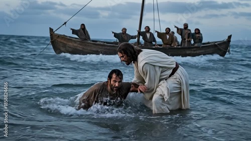 Jesus Christ reaching out hand to save drowning apostle Peter in stormy sea waters representing miracle of walking on water and power of faith over fear
