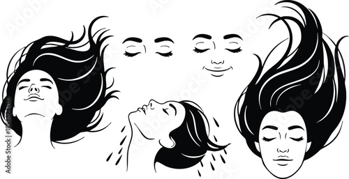Line art close up four female faces with flowing hair and closed eyes in various angles showing serene expression isolated on white background minimalist beauty composition
