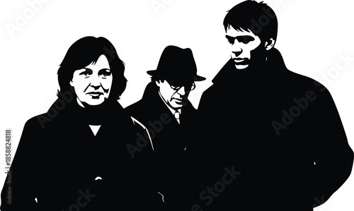 Stencil silhouette close up three people walking looking forward high contrast vector art black and white urban street scene low angle dramatic lighting minimal composition moody