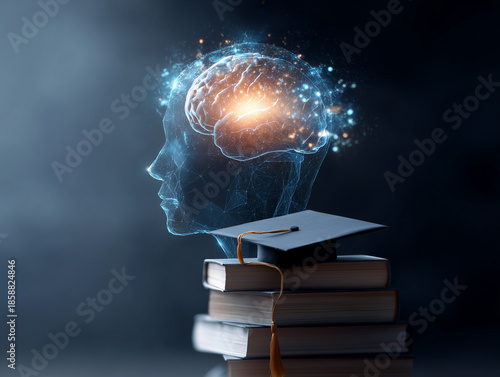 Inteligencia artificial y educación moderna con libros, birrete académico y cerebro digital iluminado, representando el aprendizaje, el conocimiento y la evolución tecnológica en el ámbito educativo