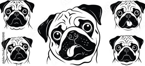 Line art close up pug head tongue out centered with four mirrored smaller pug faces surrounding on white background bold high contrast playful vector portrait illustration
