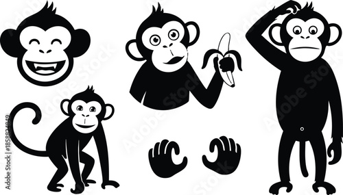 Flat design black silhouette monkey icons showing smiling monkey holding banana scratching head standing walking sitting isolated on white background minimal vector art bold shapes playful