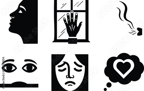 Flat design close up black pictogram icons representing mental health states profile looking up pressed hand window smoking cigarette watchful eyes crying face thought heart symbol