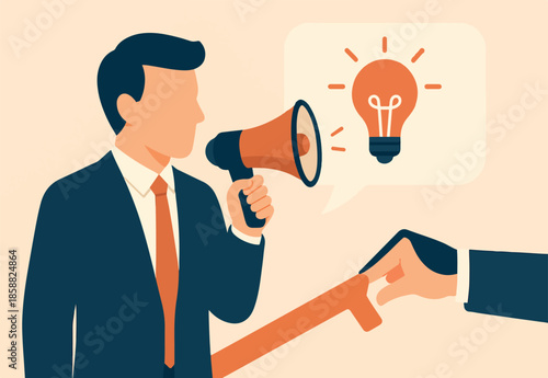 Communication, marketing message to communicate with consumer, advertising strategy, media or announcement information dialogue, businessman talking on megaphone with speech bubble lightbulb idea.
