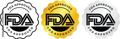 Set of FDA Approved Vector Badges in Gold, Silver, and Black Outline, Isolated on White